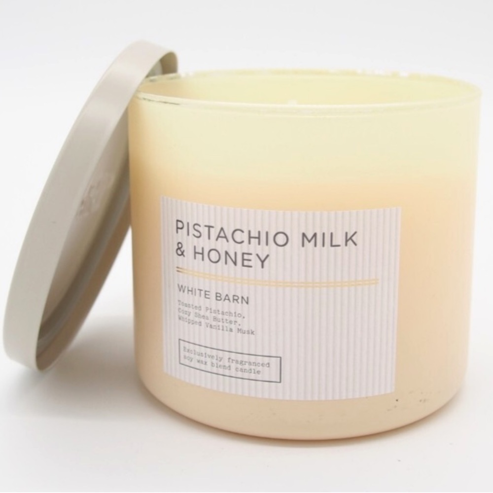 NIB White Barn Pistachio Milk & Honey 3 Wick Candle - vanilla musk, shea butter